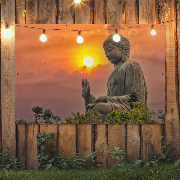 Tuinposter van Boeddha bij zonsondergang met planten